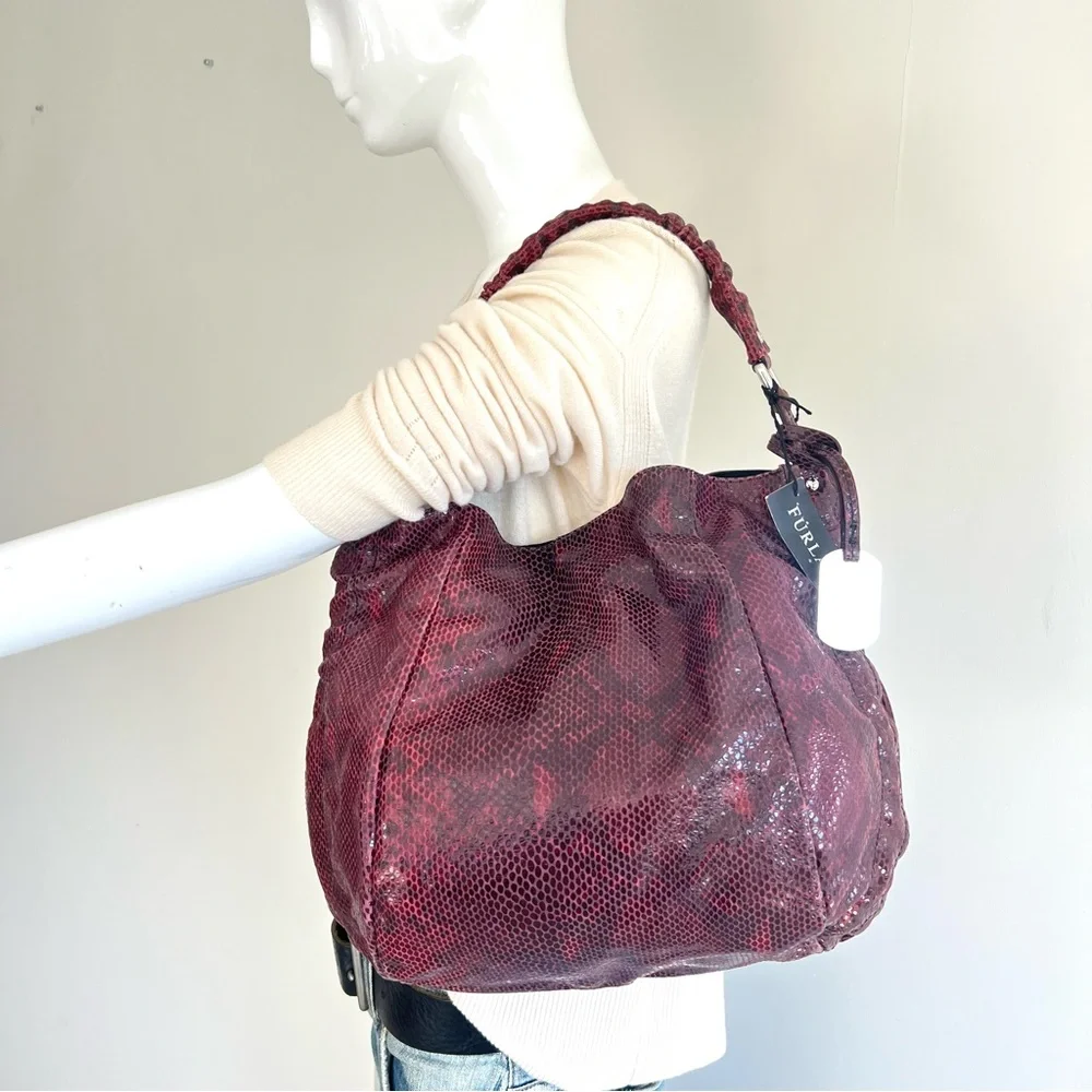 FURLA NEW Burgundy Snake Python Embossed Leather Single Handle Hobo Shoulder Bag - Picture 16 of 16